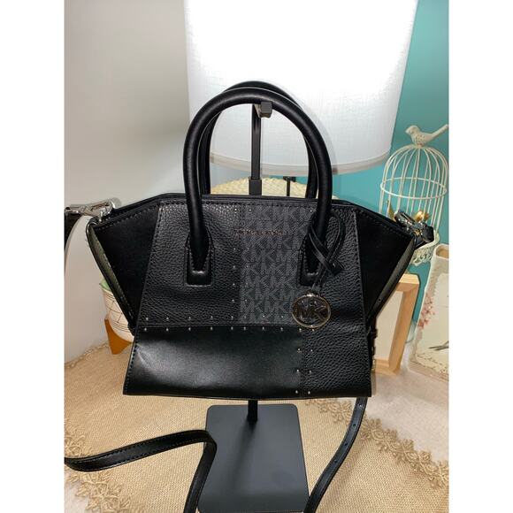 Michael Kors Handbags - Michael Kors Avril Small Studded Patchwork Signature Logo Satchel Purse GUC